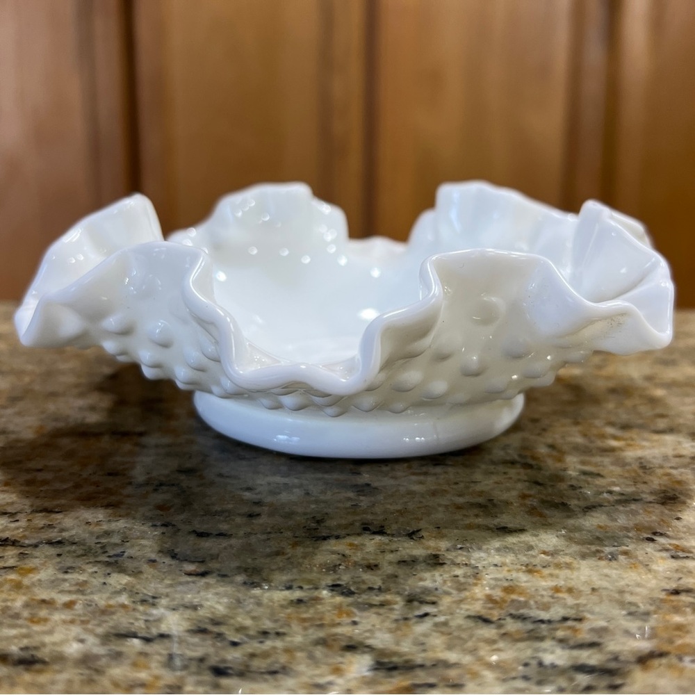 Vintage Fenton Stamped Hobnail White Milk Glass Ruffled Edge Nut Bowl Candy Dish